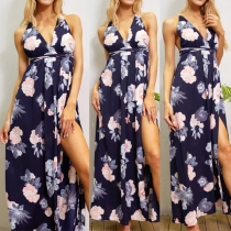 Sexy Backless Deep V-neck Slit Hem Printed Sling Dress