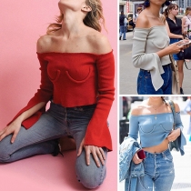 Sexy Off-shoulder Boat Neck Slit Long Sleeve Solid Color Crop Top