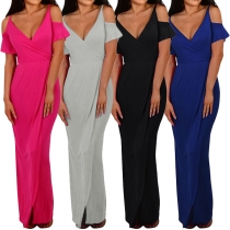Sexy Deep V-neck Off-shoulder Short Sleeve Slit Hem Solid Color Sling Dress