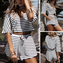 Sexy Short Sleeve V-neck Crop Top + High Waist Shorts Striped Two-piece Set