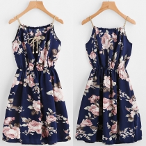 Fresh Style Elastic Waist Printed Sling Dress