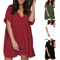 Fashion Solid Color Short Sleeve V-neck Loose Dress