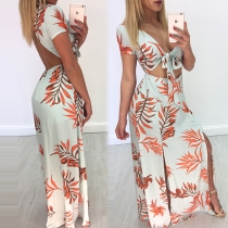Sexy Backless V-neck Hollow Out High Waist Slit Hem Printed Dress