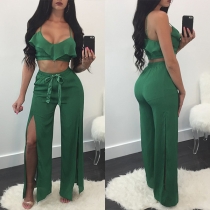 Sexy Backless Ruffle Cami Top + High Waist Slit Hem Wide-leg Pants Two-piece Set