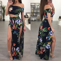 Sexy Off-shoulder Boat Neck Crop Top + High Slit Skirt Length Skirt Printed Two-piece Set