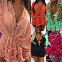 Sexy Deep V-neck Half Sleeve Ruffle Hem Solid Color Chiffon Smock