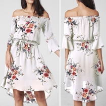Bohemian Style Boat Neck Trumpet Sleeve High-low Hem Printed Dress