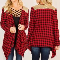 Fashion Long Sleeve Irregular Hem Sequin Spliced Plaid Cardigan