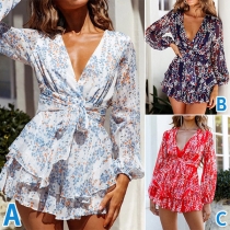 Sexy Off-shoulder Deep V-neck Slit Long Sleeve Slim Fit Printed Romper