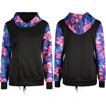 Fashion Printed Spliced Long Sleeve Hooded Side Zipper Sweatshirt Coat