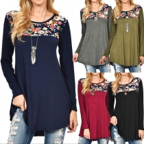 Fashion Printed Spliced Long Sleeve Round Neck T-shirt