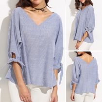 Fashion 3/4 Sleeve V-neck Striped Loose Top