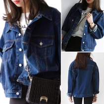 Retro Style Long Sleeve POLO Collar Single-breasted Denim Coat