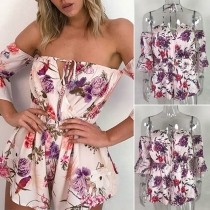 Sexy Off-shoulder Boat Neck Trumpet Sleeve Elastic Waist Printed Romper