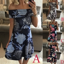 Sexy Off-shoulder Boat Neck Printed Dress