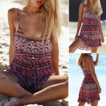 Bohemian Style Backless V-neck Printed Sling Dress