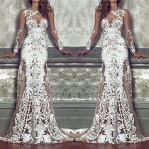 Sexy Backless Long Sleeve Round Neck See-through Lace Party Dress