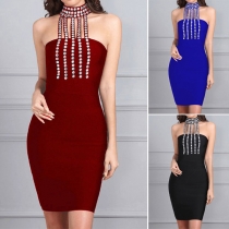 Sexy Backless Rhinestone Spliced Halter Bodycon Dress
