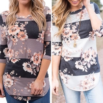 Fashion 3/4 Sleeve Round Neck Arc Hem Printed T-shirt