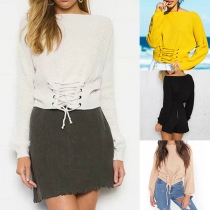 Fashion Long Sleeve Round Neck Lace-up Hem Solid Color Sweater