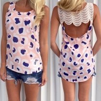 Sexy Backless Lace Spliced Sleeveless Round Neck Printed T-shirt