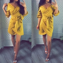 Elegant Solid Color 3/4 Sleeve V-neck Slim Fit Dress
