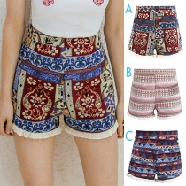 Fashion High Waist Tassel Hem Printed Shorts
