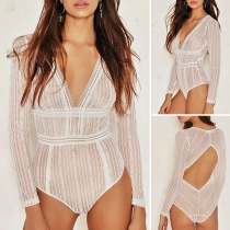 Sexy Cutout Deep V-neck Long Sleeve See-through Bodysuit