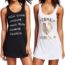 Sexy Backless Letters Printed Sleeveless Round Neck Tank Dress