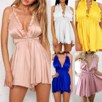 Sexy Backless Deep V-neck High Waist Solid Color Halter Romper