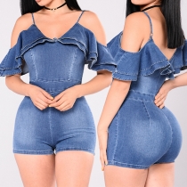 Sexy Off-shoulder High Waist Slim Fit Ruffle Sling Denim Romper