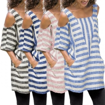 Sexy Off-shoulder Short Sleeve Loose Striped Top