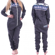 Fashion Long Sleeve Hooded Printed One-piece Pajamas Homewear