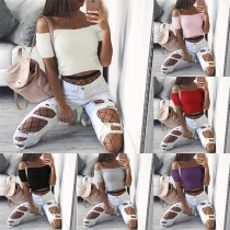 Sexy Off-shoulder Boat Neck Short Sleeve Solid Color Knit Crop Top