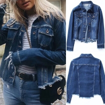 Distressed Style Long Sleeve POLO Collar Slim Fit Denim Coat