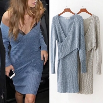 Sexy Deep V-neck Long Sleeve Slim Fit Knit Dress
