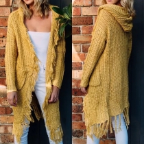 Fashion Solid Color Long Sleeve Hooded Tassel Knit Cardigan