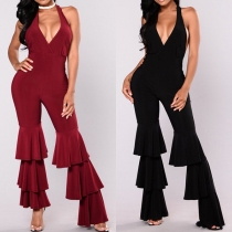 Sexy Backless Deep V-neck Flared Hem High Waist Solid Color Jumpsuit