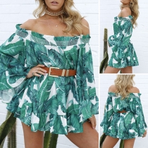 Sexy Off-shoulder Boat Neck Trumpet Sleeve Ruffle Hem Printed Dress