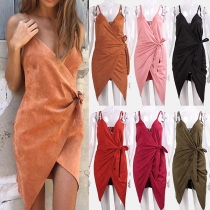 Sexy Deep V-neck Irregular Hem Solid Color Sling Dress