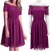 Sexy Off-shoulder Boat Neck Short Sleeve Elastic Waist Solid Color Dress