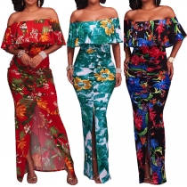 Sexy Ruffle Boat Neck Slit Hem Printed Party Dress