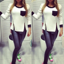 Fashion Contrast Color Long Sleeve Round Neck Double Zipper Hem Sweatshirt