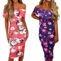 Sexy Backless Off-shoulder Boat Neck Slim Fit Printed Dress