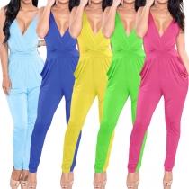Sexy Backless Deep V-neck High Waist Solid Color Sling Jumpsuit