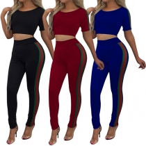 Fashion Contrast Color Short Sleeve Crop Top + Sports Pants Two-piece Set