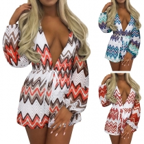 Sexy Deep V-neck Ripple Printed Long Sleeve Romper 
