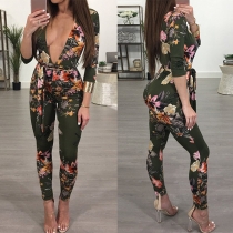 Sexy Deep V-neck Self-tie Long Sleeve Printed Jumpsuit