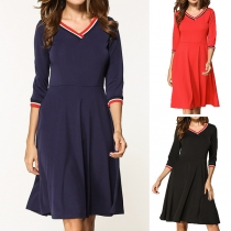 Fashion V-neck 3/4 Sleeve Striped-trim Dress