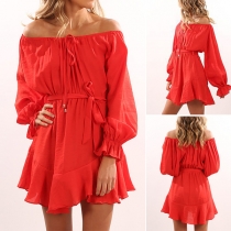 Sexy Off-shoulder Boat Neck Long Sleeve Ruffle Hem Solid Color Dress